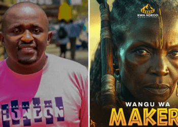 Photo grid featuring Wangu wa Makeri director Lawrence Murage and the official play poster