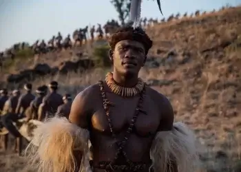 A still image of Lemogang Tsipa as Shaka in Shaka iLembe S2.