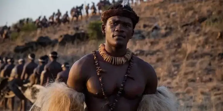 A still image of Lemogang Tsipa as Shaka in Shaka iLembe S2.