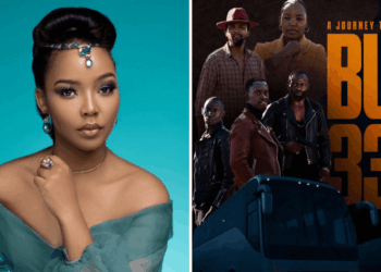 Kenyan actress Serah Ndanu Teshna and poster for her new film Bus 338, under her new production company SNT.