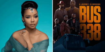 Kenyan actress Serah Ndanu Teshna and poster for her new film Bus 338, under her new production company SNT.