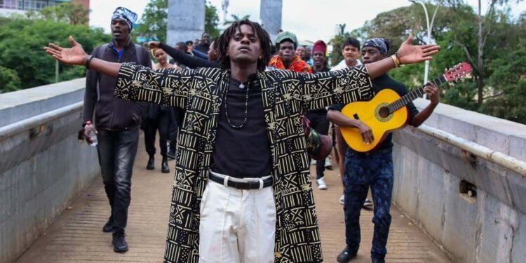 Thuita Mwangi during a performance for Story Za Thuita street theatre.