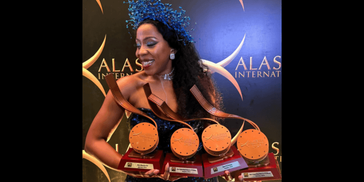 Kenyan director Grace Kahaki with her trophies at the 2026 Kalasha Film and TV Awards.
